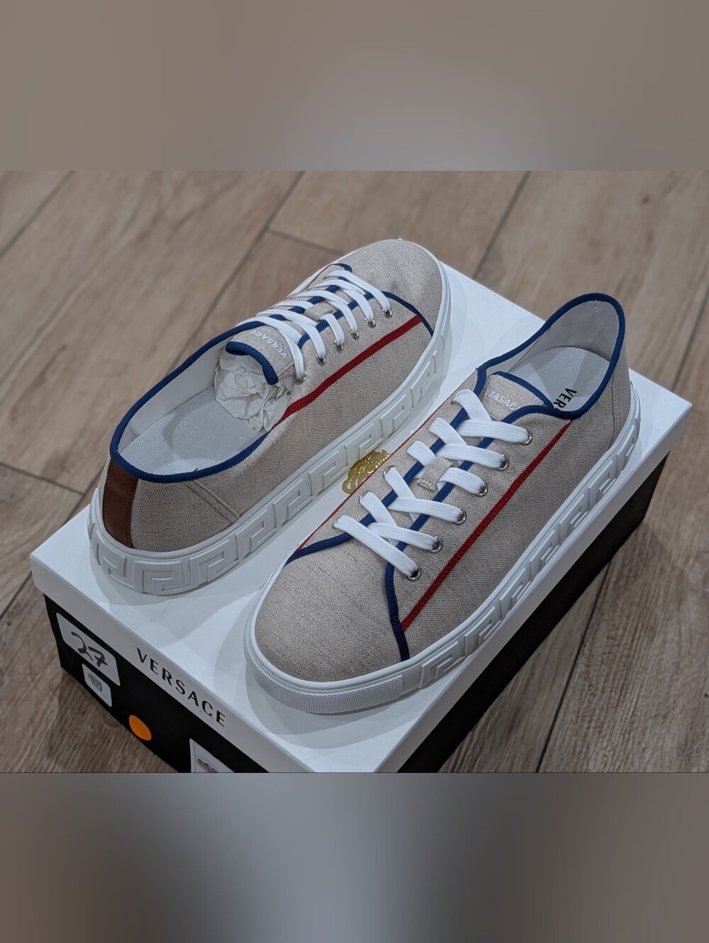 $750 VERSACE Canvas Low-Top Sneakers Beige/Red/Blue Palladium 43 US 10